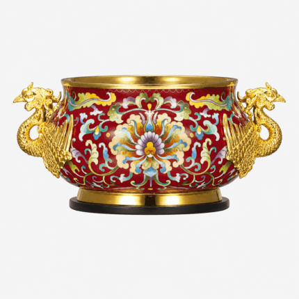 Phoenix Ear Censer in red Cloisonne Enamel with golden phoenix handles and floral patterns
