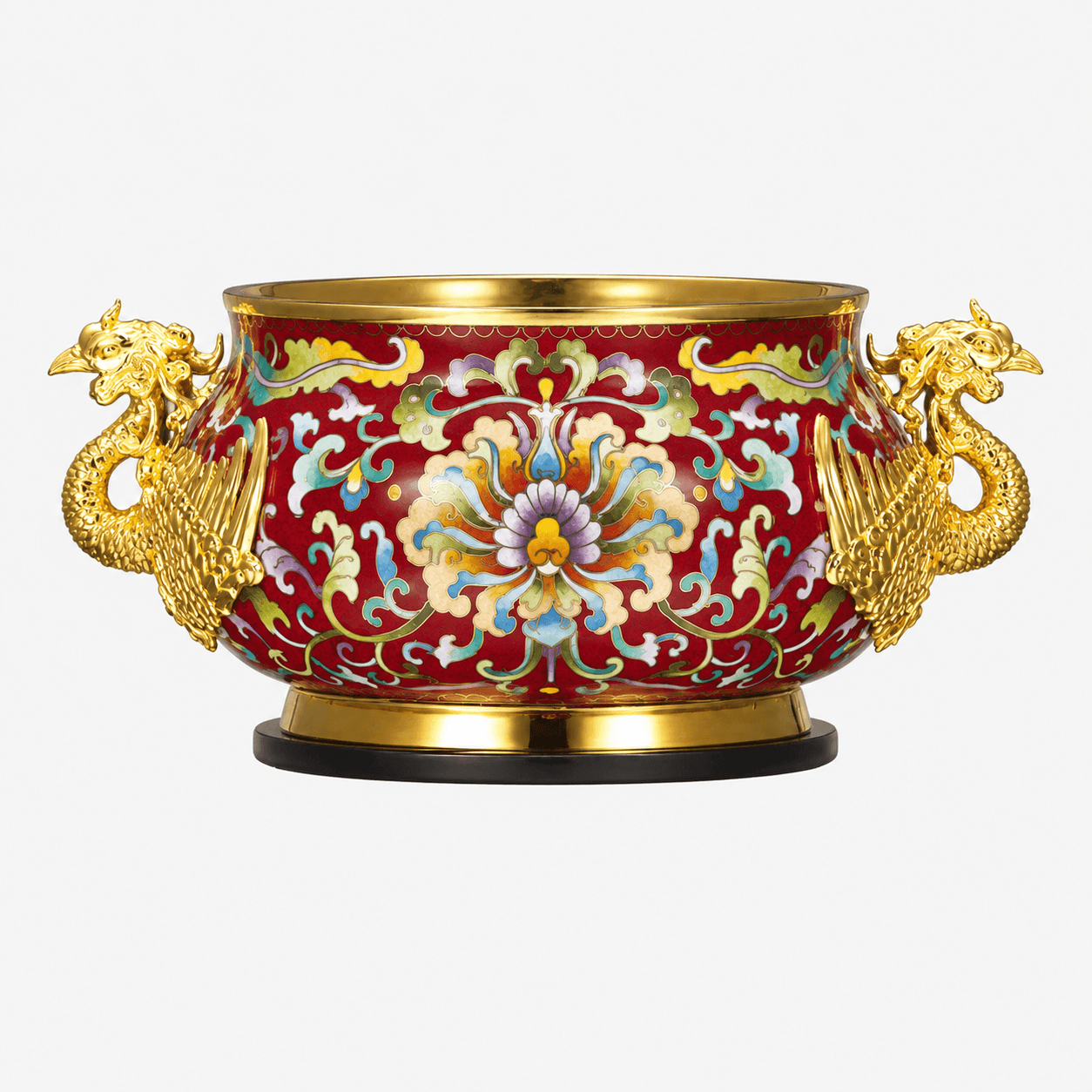 GPT Image 2_1778325140392_0 Phoenix Ear Censer in red Cloisonne Enamel with golden phoenix handles and floral patterns