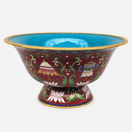 Imperial Cloisonné Enamel Offering Bowl with Auspicious Symbols and sky-blue interior