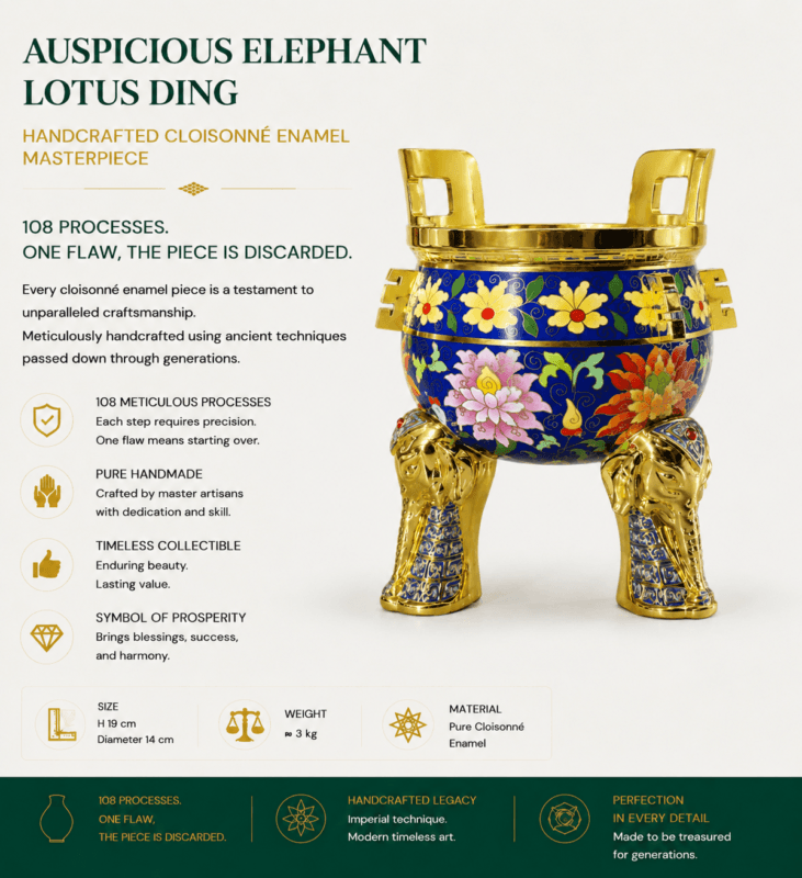 Auspicious Elephant Lotus Ding: Heritage-Inspired Cloisonné Enamel Censer – Imperial Blue “Tai Ping You Xiang” Ritual Vessel