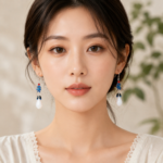 Ruyi Azure Cloud: Elegant Cold Enamel Earrings – Blue Gradient Ruyi-Shaped Drops with Faux Jade