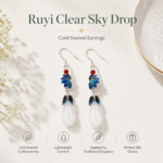 Ruyi Azure Cloud: Elegant Cold Enamel Earrings – Blue Gradient Ruyi-Shaped Drops with Faux Jade