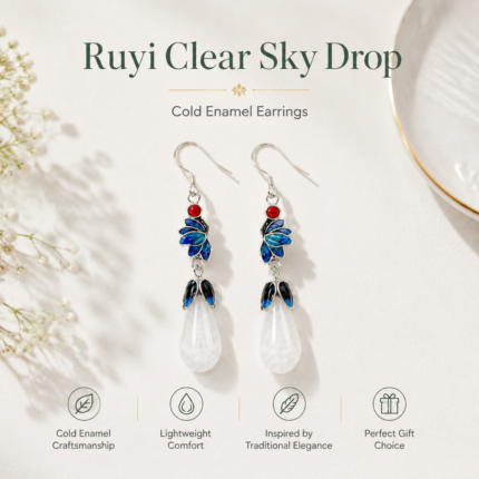 Ruyi Azure Cloud: Elegant Cold Enamel Earrings – Blue Gradient Ruyi-Shaped Drops with Faux Jade