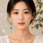 Evergreen Jade Bloom: Cold Enamel Floral Earrings – Gold-Plated Botanical Teardrops with Faux White Jade