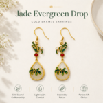 Evergreen Jade Bloom: Cold Enamel Floral Earrings – Gold-Plated Botanical Teardrops with Faux White Jade