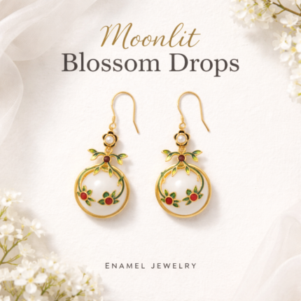 Blooming Moon: Cold Enamel Floral Earrings – Gold-Plated Circular Drops with Faux White Jade