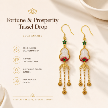 Prosperous Gourd: Cold Enamel Lotus & Faux White Jade Earrings – Elegant Gold-Plated Tassels