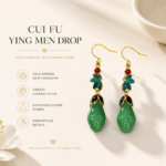Emerald Fortune: Cold Enamel Floral Earrings – Teal Leaf Pendants with Carved Green Faux Jade