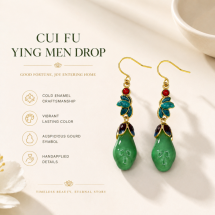 Emerald Fortune: Cold Enamel Floral Earrings – Teal Leaf Pendants with Carved Green Faux Jade