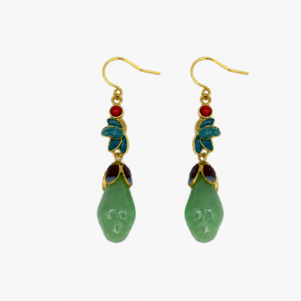 China Artisan Market Emerald Fortune: Cold Enamel Floral Earrings - Teal Leaf Pendants with Carved Green Faux Jade