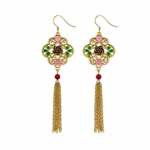 China Artisan Market Gilded Palace Tassels: Elegant Cold Enamel Filigree Earrings - Vintage Floral Design with Golden Chain Cascades