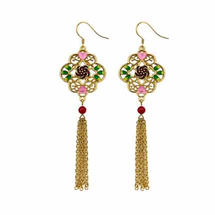 China Artisan Market Gilded Palace Tassels: Elegant Cold Enamel Filigree Earrings - Vintage Floral Design with Golden Chain Cascades