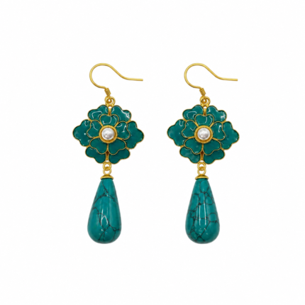 China Artisan Market Turquoise Peony: Cold Enamel Floral Earrings - Teal Peacock Bloom with Faux Turquoise Drops