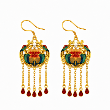 Phoenix Radiance: Cold Enamel Lotus Tassel Earrings - Elegant Gold-Plated Imperial Drops
