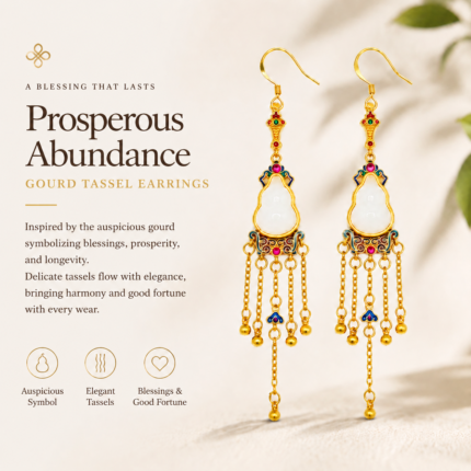 Prosperous Gourd: Cold Enamel & Faux White Jade Tassel Earrings – Elegant Gold-Plated Imperial Drops