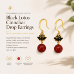 Midnight Lotus: Black Cold Enamel Floral Earrings - Vintage Gold-Plated Drops with Crimson Spheres - Detail 2