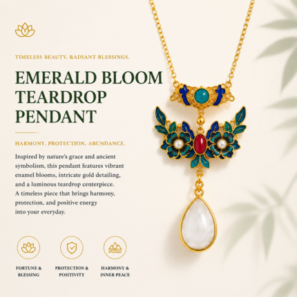Verdant Bloom: Elegant Cold Enamel Necklace – Green Floral Filigree with Faux White Jade Teardrop