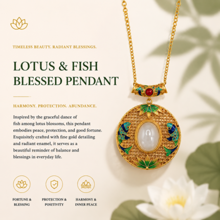 Azure Koi Lotus: Cold Enamel Filigree Necklace – Oval White Jade Medallion with Aquatic Motifs