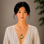 Azure Moonlight: Cold Enamel Filigree Necklace – Round White Jade Medallion with Teal Floral Accents