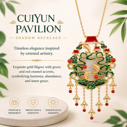 Emerald Cloud Pavilion: Cold Enamel Filigree Necklace – Imperial Scenery Medallion with Cascading Tassels