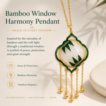 Verdant Bamboo Window: Cold Enamel Filigree Necklace – White Jade Medallion with Bamboo Motifs and Tassels