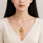 Azure Phoenix Ruyi: Cold Enamel Filigree Necklace – Ornate Gold-Plated Lock Pendant with Cascading Tassels