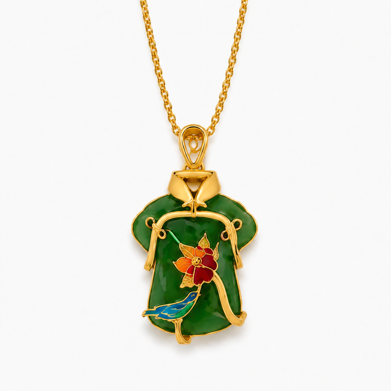 GPT Image 2_1778821318049_0 Emerald Qipao Grace Necklace with dark green cheongsam pendant and red lotus flower detail