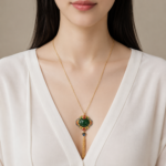 Verdant Majesty: Cold Enamel Filigree Necklace – Dark Green Jade-Style Medallion with Golden Tassel