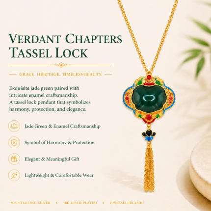 Verdant Majesty: Cold Enamel Filigree Necklace – Dark Green Jade-Style Medallion with Golden Tassel