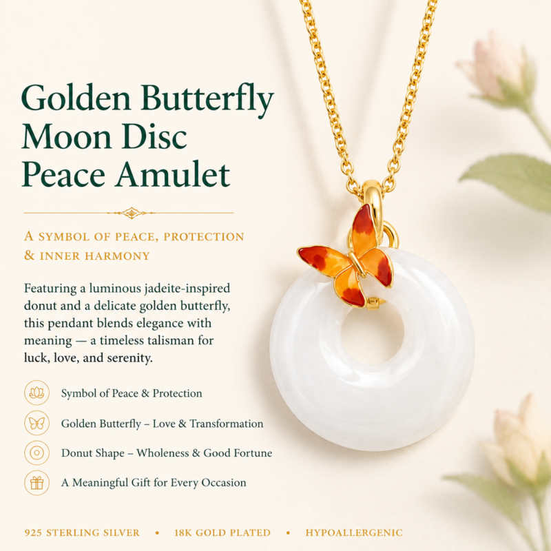 Amber Flutter Serenity: Minimalist White Jade-Style Necklace - Round "Ping'an" Donut with Orange Enamel Butterfly - Detail 2