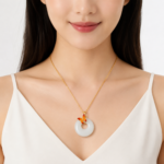 Amber Flutter Serenity: Minimalist White Jade-Style Necklace - Round "Ping'an" Donut with Orange Enamel Butterfly - Detail 3