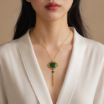Verdant Majesty: Cold Enamel Filigree Necklace – Dark Green Medallion with Cascading Gold Tassels