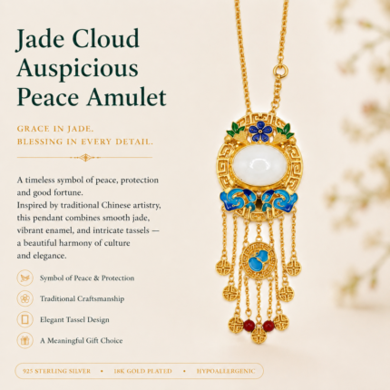 Azure Cloud Medallion: Cold Enamel Filigree Necklace – Oval White Jade with Geometric Frames and Cascading Tassels