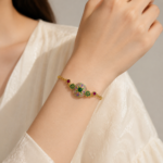 Lavender Bloom: Cold Enamel Filigree Bracelet – Tang-Style Floral Medallion with Green Cabochon