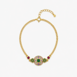 Lavender Bloom Cold Enamel Bracelet with purple floral medallion and green center stone