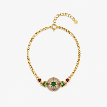 Lavender Bloom Cold Enamel Bracelet with purple floral medallion and green center stone