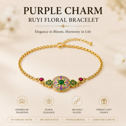 Lavender Bloom: Cold Enamel Filigree Bracelet – Tang-Style Floral Medallion with Green Cabochon