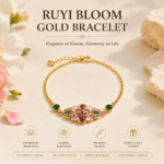 Rosy Orchard Radiance Cold Enamel Bracelet with pink floral medallion, colorful gemstones, and emerald-green accents