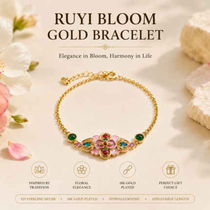Rosy Orchard Radiance Cold Enamel Bracelet with pink floral medallion, colorful gemstones, and emerald-green accents