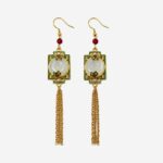 Zen Mirror Cold Enamel Earrings with white jade peace buckle, green enamel frame, and golden tassels