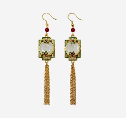 Zen Mirror Cold Enamel Earrings with white jade peace buckle, green enamel frame, and golden tassels