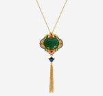 China Artisan Market Verdant Majesty: Cold Enamel Filigree Necklace - Dark Green Medallion with Cascading Gold Tassels