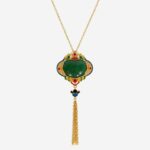 China Artisan Market Verdant Majesty: Cold Enamel Filigree Necklace - Dark Green Medallion with Cascading Gold Tassels