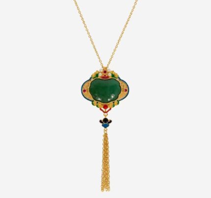 China Artisan Market Verdant Majesty: Cold Enamel Filigree Necklace - Dark Green Medallion with Cascading Gold Tassels