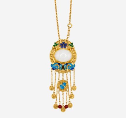 Azure Cloud Medallion Cold Enamel Necklace with oval white jade, blue cloud motifs, and seven golden tassels