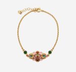 China Artisan Market Rosy Orchard Radiance: Cold Enamel Filigree Bracelet - Multi-Gem Floral Medallion with Emerald-Green Accents