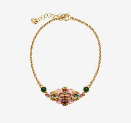 China Artisan Market Rosy Orchard Radiance: Cold Enamel Filigree Bracelet - Multi-Gem Floral Medallion with Emerald-Green Accents