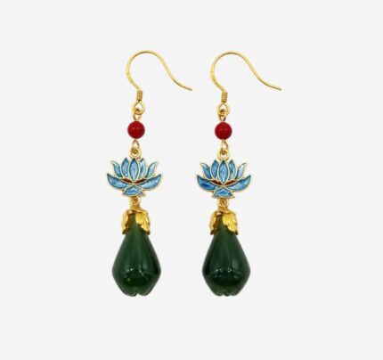 Azure Lotus Fortune Cold Enamel Earrings with blue lotus motif and dark green carved jade pendant