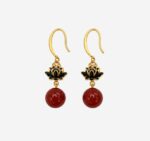 Midnight Lotus: Black Cold Enamel Floral Earrings - Vintage Gold-Plated Drops with Crimson Spheres