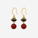 Midnight Lotus: Black Cold Enamel Floral Earrings - Vintage Gold-Plated Drops with Crimson Spheres